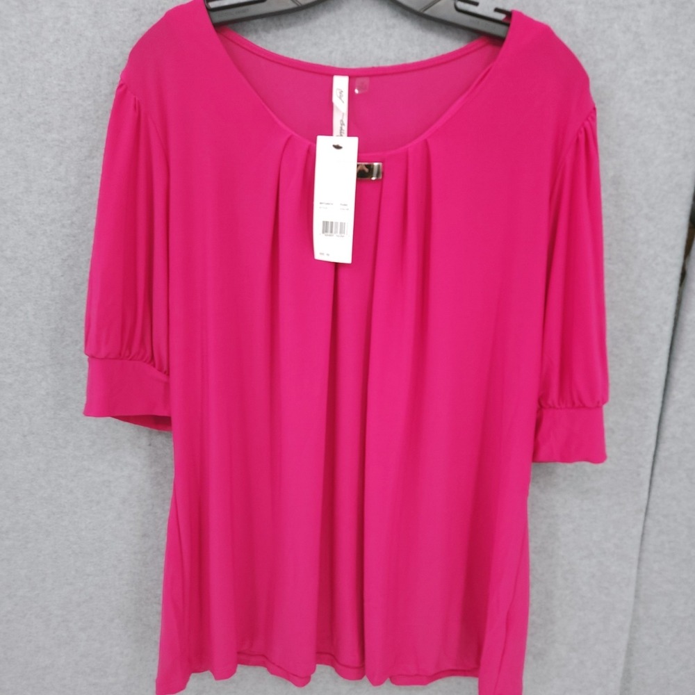 NY Collection Short Sleeve Balloon Sleeve‎ Pink Magenta Scoop Neck Top Womens 1X